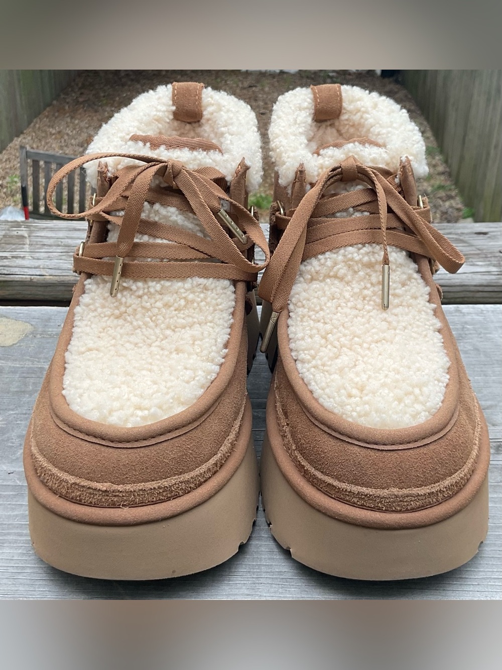 UGG Platform Sherpa-Lined Lace-Up Bootie in Camel/Tan